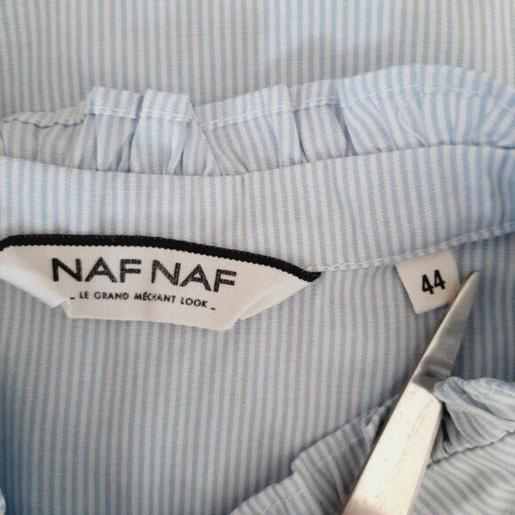 NAF NAF France Ruffle Bib Collar Sleeveless Button Down Stripped Blouse Sz L - Picture 11 of 11